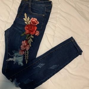 High Rise Rose Embroidered Skinny Jeans
